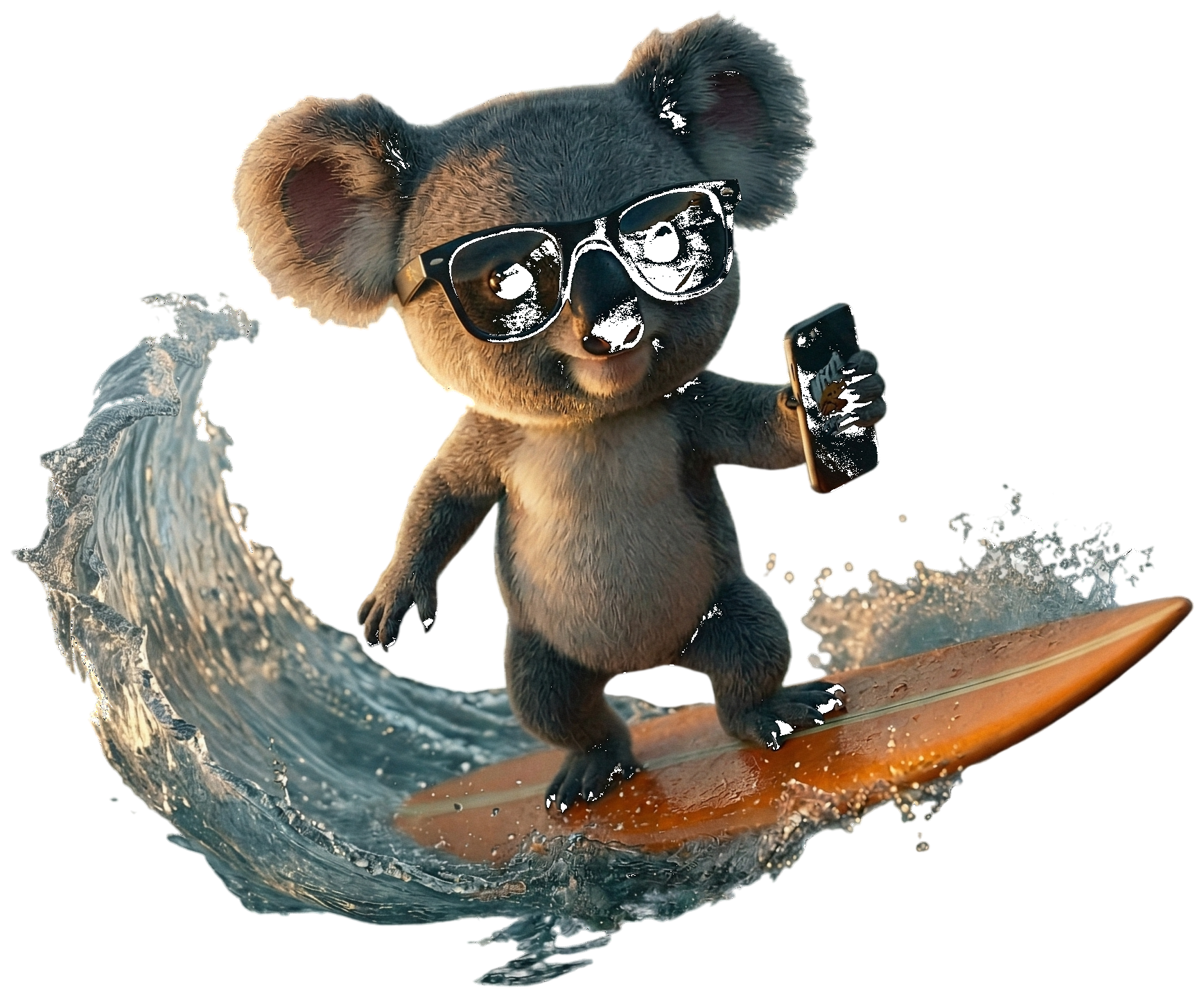 KaliSurf koala mascot riding a surfboard with a smartphone