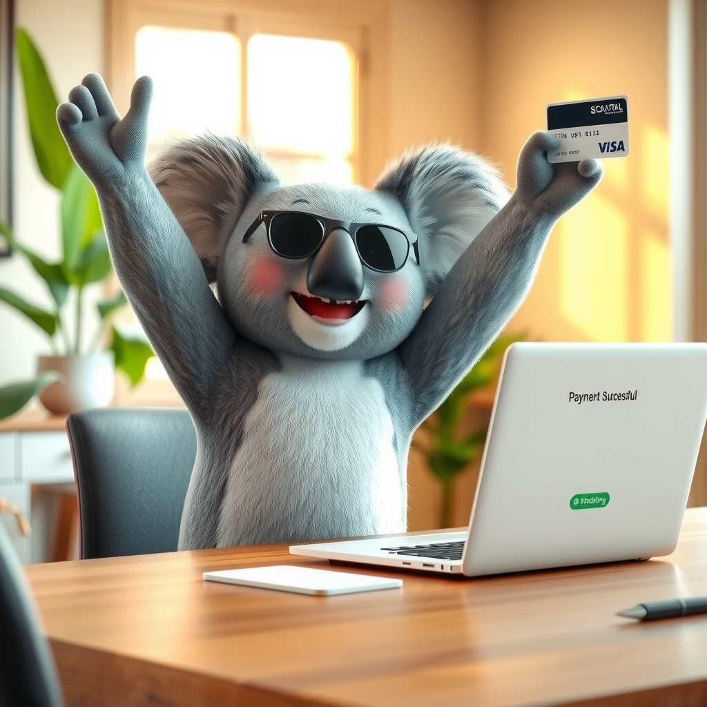Koala mascot triumphantly holding a credit card next to a laptop showing payment successful